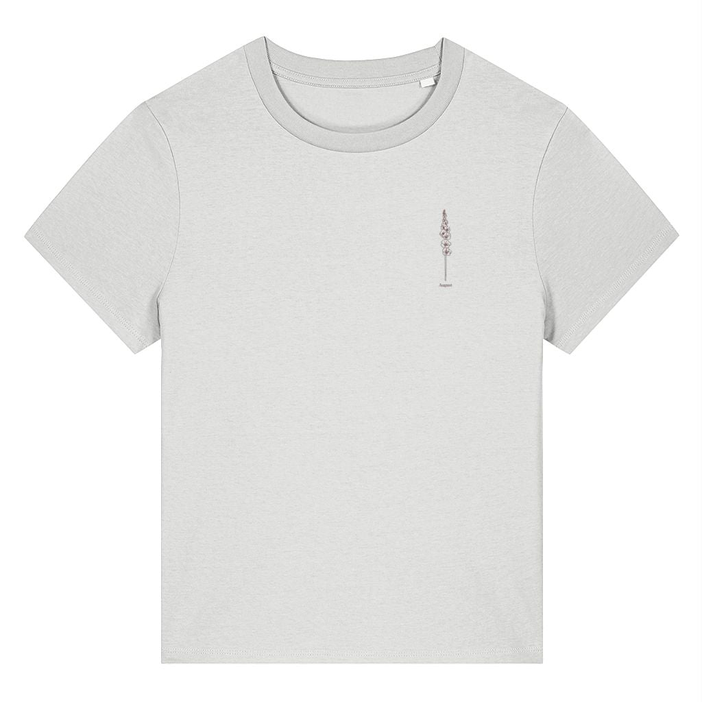 White organic cotton women's birth month flower t-shirt featuring a August Gladiolus Flower design by Rivaex Clothing