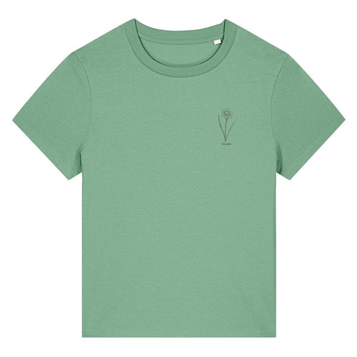 Green organic cotton women's birth month flower t-shirt featuring a December Narcissus Flower design by Rivaex Clothing