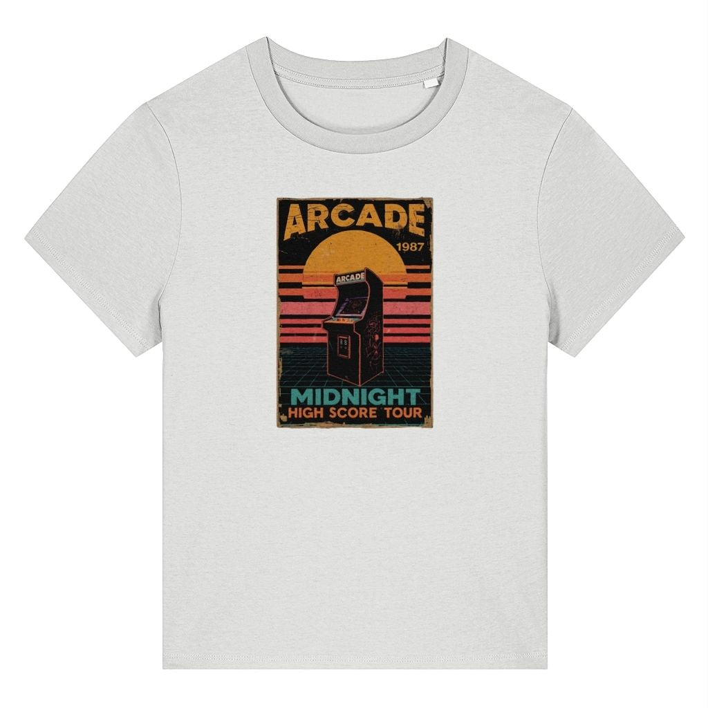White organic cotton women's retro t-shirt featuring a Midnight Arcade design by Rivaex Clothing