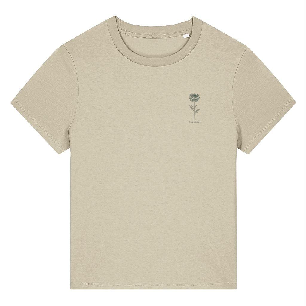 Beige organic cotton women's birth month flower t-shirt featuring a November Chrysanthemum Flower design by Rivaex Clothing