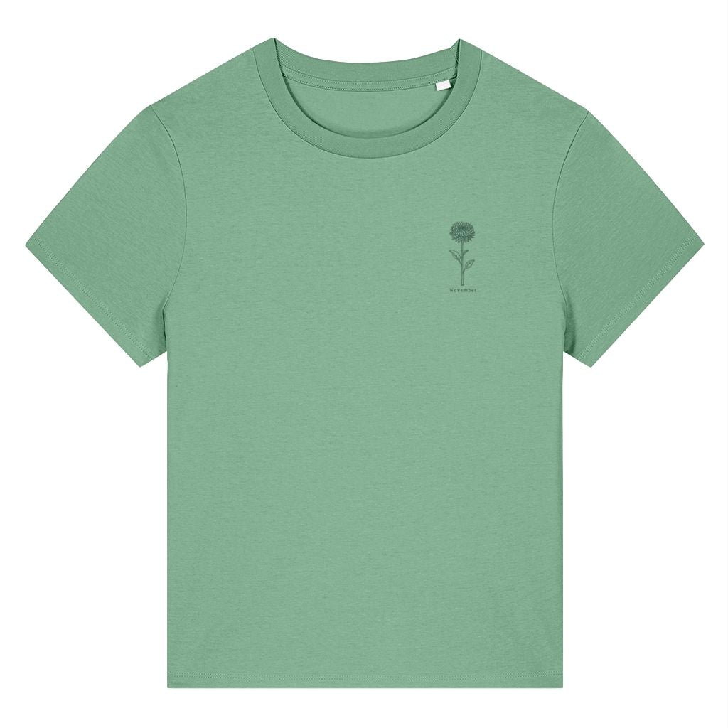 Green organic cotton women's birth month flower t-shirt featuring a November Chrysanthemum Flower design by Rivaex Clothing