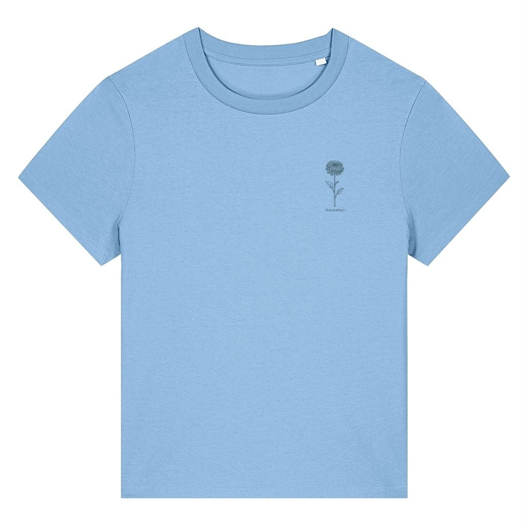 Light blue organic cotton women's birth month flower t-shirt featuring a November Chrysanthemum Flower design by Rivaex Clothing