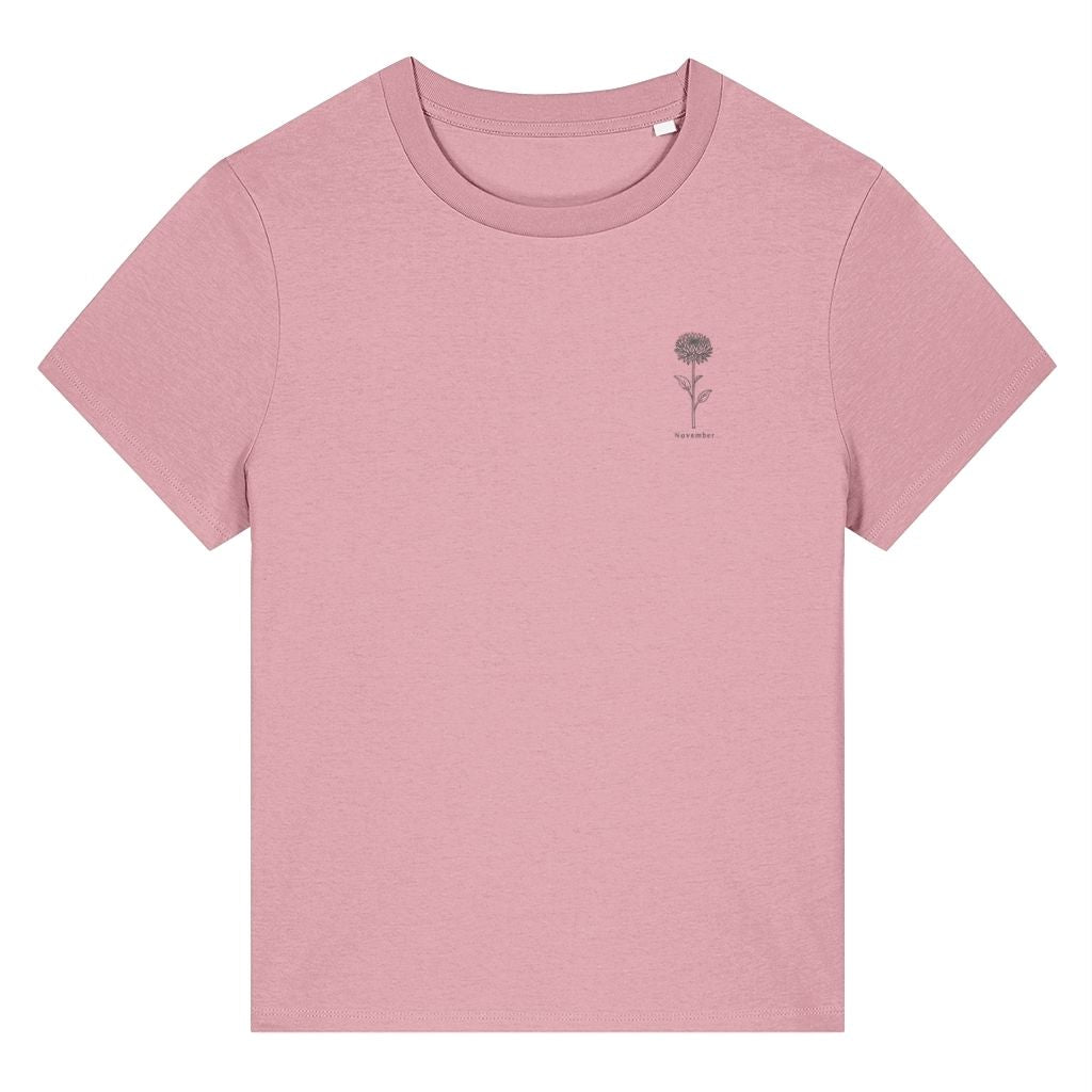 Pink organic cotton women's birth month flower t-shirt featuring a November Chrysanthemum Flower design by Rivaex Clothing