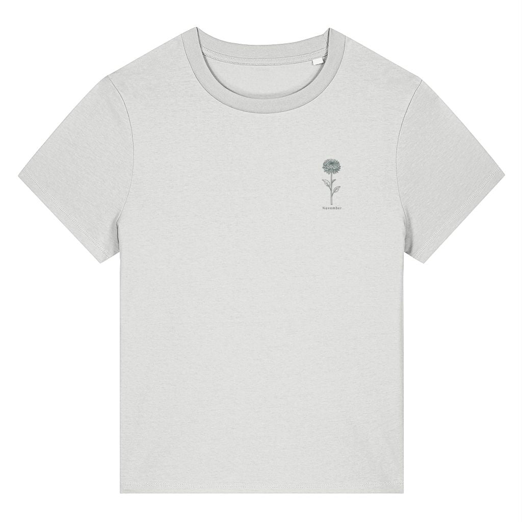 White organic cotton women's birth month flower t-shirt featuring a November Chrysanthemum Flower design by Rivaex Clothing