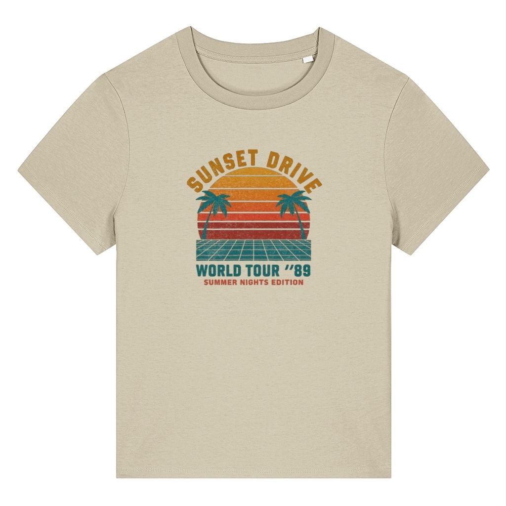 Beige organic cotton women's retro t-shirt featuring a Sunset Drive 89 design by Rivaex Clothing