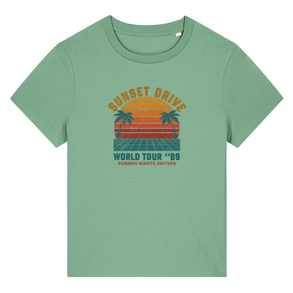 Green organic cotton women's retro t-shirt featuring a Sunset Drive 89 design by Rivaex Clothing